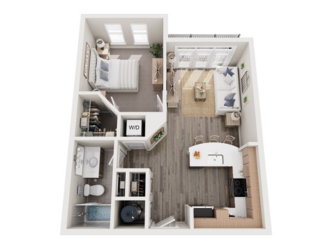 Floor plan for 1 bed, 1 bath, 684 sqft